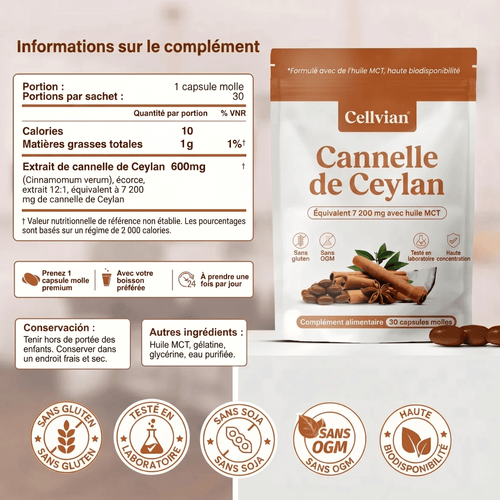 Cannelle de Ceylan 7 200 mg — soutien naturel de la glycémie
